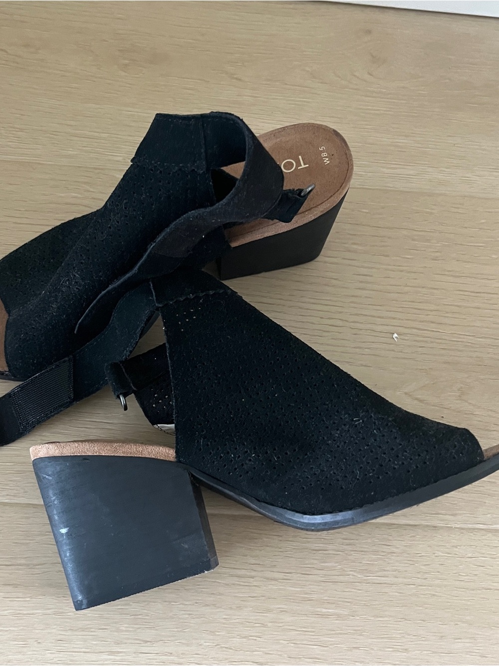 Toms Black Suede Open-Peep Block Heel Sandals